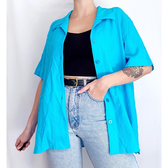 Vintage Blue Linen + Cotton Blend Retro Collared Button Down Shirt - Picture 3 of 7